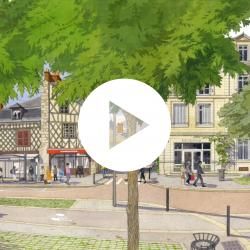 Illustration de la future rue du Bourg-neuf avec des arbres, une piste cyclable empruntée par des cyclistes dont un vélo-cargo, un restaurant et un abri-bus.