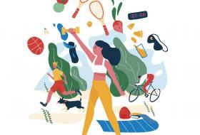 Illustration d’une femme levant un bras en l’air. De nombreux objets de sports, fruits et légumes et d’autres personnes en pleine activité sont représentées derrière.