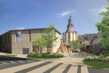 Projection du futur Carré Saint-Vincent, depuis Monsabré, montrant notamment le chevet de l’église et la nouvelle place publique.