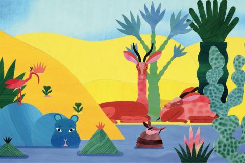 Extrait du film : une oasis avec un hippopotame à moitié submergé dans l’eau, un flamant rose sur son dos et deux antilopes se reposant sur la rive.