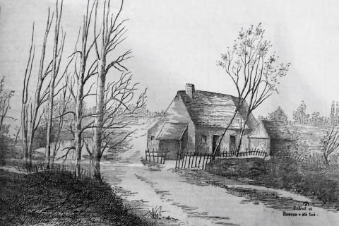 Illustration d’une maison près d’un chemin forestier en hiver.