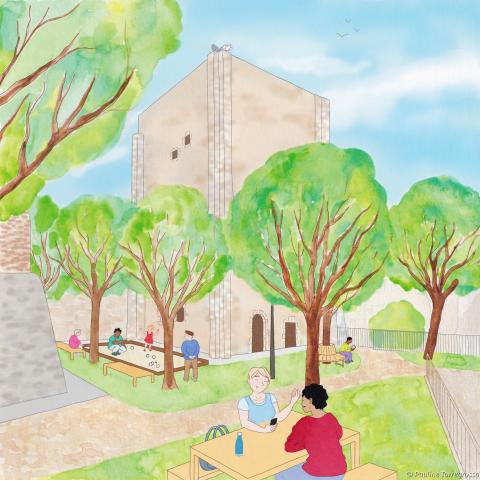 Illustration de la place de la tour Beauvoir, végétalisme. Deux personnes jouent à la pétanque sous les arbres, deux les regardent. Deux autres pique-niquent à côté.