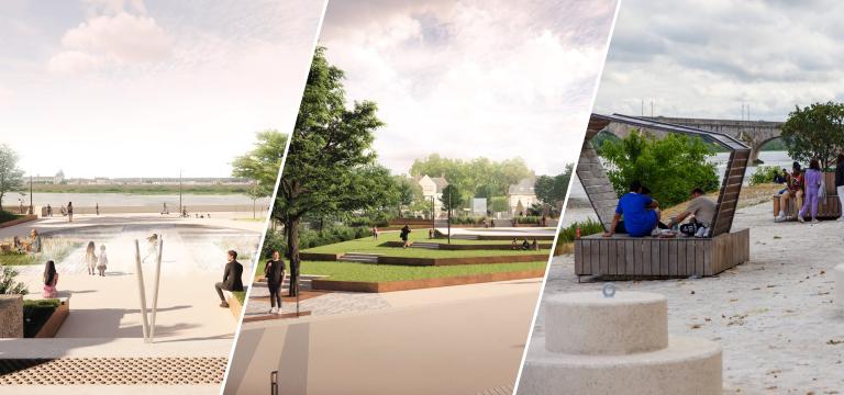 Montage images : illustration de synthèse du square Victor-Hugo réaménagé et du mobilier pour s’assoir à l’ombre sur la promenade Mendès-France.