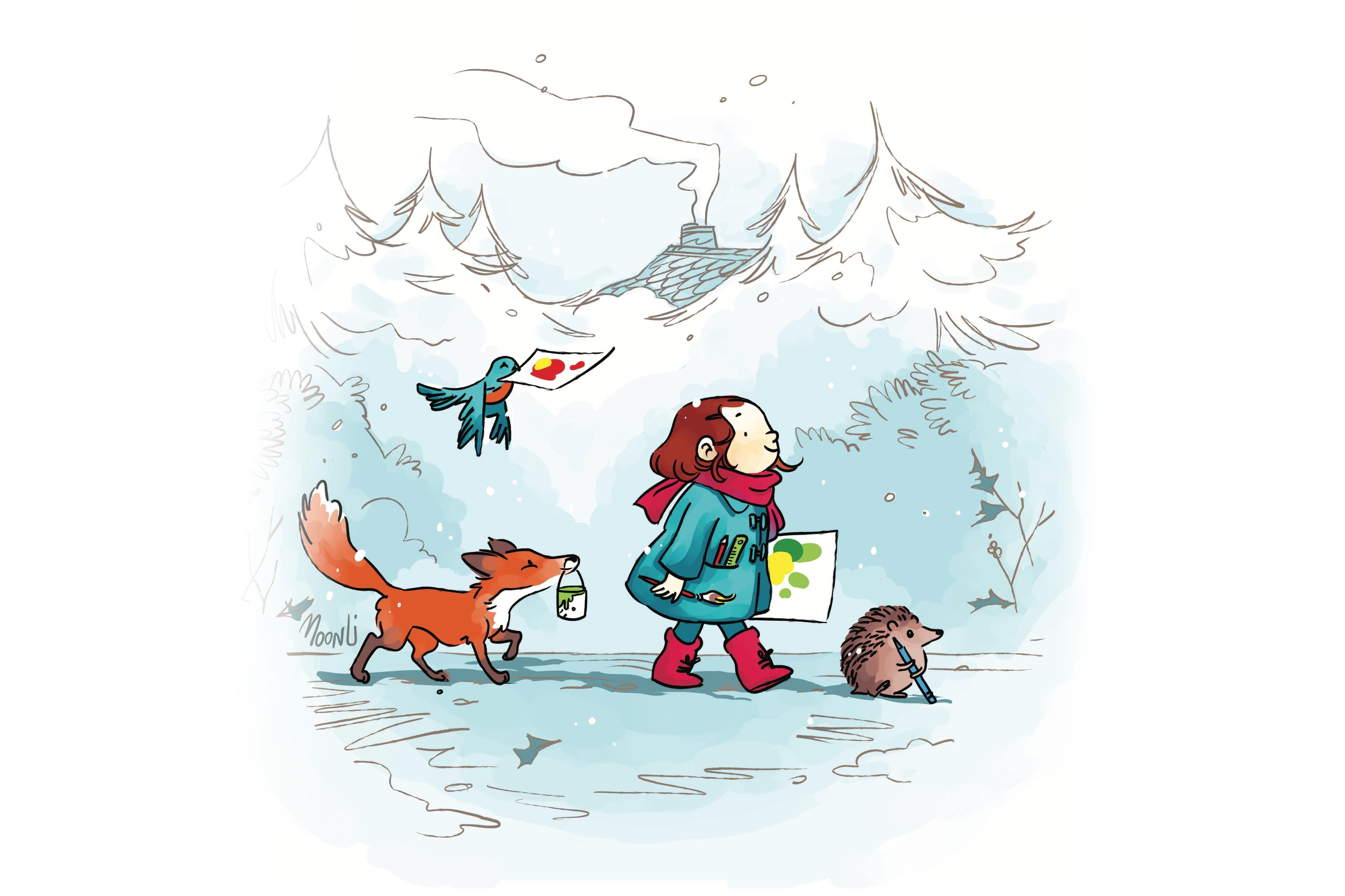 Illustration d'une petite fille marchant dans une forêt enneigée et portant une feuille dessinée. À ses côtés, un renard porte un pot de peinture, un hérisson porte un crayon et un oiseau une autre feuille dessinée.